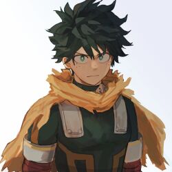 Rule 34 | 1boy, boku no hero academia, cape, closed mouth, freckles, furrowed brow, glimrk, green eyes, green hair, hair between eyes, highres, looking at viewer, male focus, midoriya izuku, portrait, short hair, solo, spiked hair, uniform, upper body, white background, yellow cape