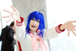 Rule 34 | ahoge, blue hair, cosplay, izumi konata, kochou ran, lucky star, photo (medium), sailor, school uniform, serafuku