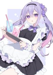 Rule 34 | 1girl, ahoge, apron, black dress, black hairband, bow, cup, double bun, dress, drinking straw, frills, hair between eyes, hair bow, hair bun, hairband, highres, holding, holding tray, long hair, looking at viewer, maid, multicolored hair, original, pink hair, puffy short sleeves, puffy sleeves, purple bow, purple eyes, purple hair, short sleeves, solo, tray, twintails, twitter username, white apron, wrist cuffs, yachishi orca