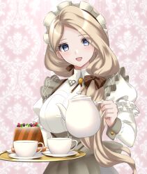 Rule 34 | 1girl, blonde hair, bow, breasts, brown bow, cake, commentary request, cup, dress, fire emblem, fire emblem: three houses, fire emblem heroes, food, frills, hair bow, holding, holding teapot, holding tray, juliet sleeves, kakiko210, large breasts, long hair, long sleeves, maid headdress, mercedes von martritz, mercedes von martritz (tea party), nintendo, official alternate costume, open mouth, puffy sleeves, purple eyes, side ponytail, smile, solo, swept bangs, teacup, teapot, tray, very long hair, white dress