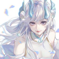 Rule 34 | 1girl, absurdres, beiqingluoshicaicai, blue horns, fins, head fins, highres, horns, long hair, looking at viewer, pearl hair ornament, purple eyes, shell hair ornament, sleeveless, smile, solo, wangzhe rongyao, white hair, xishi