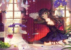Rule 34 | 10s, 1girl, alcohol, armchair, artist name, bad id, bad pixiv id, bare shoulders, black gloves, blue dress, blush, bottle, bow, brown hair, chair, copyright name, crossed arms, cup, curtains, cushion, dangmill, dog, dress, drinking glass, earrings, elbow gloves, fishnet gloves, fishnets, flower, food, fruit, gem, glass slipper, gloves, grapes, green eyes, hanako (idolmaster), idolmaster, idolmaster cinderella girls, indoors, jewelry, kneeling, lace, lace-trimmed dress, lace trim, long hair, looking at viewer, looking to the side, md5 mismatch, mx2j, no socks, on floor, pearl (gemstone), pearl earrings, pendant, petals, purple dress, purple flower, purple rose, revision, rose, sheet music, shibuya rin, solo, sparkle, strapless, strapless dress, striped, tablecloth, vase, vertical stripes, window, window shadow, wine, wine bottle, wine glass, yorkshire terrier