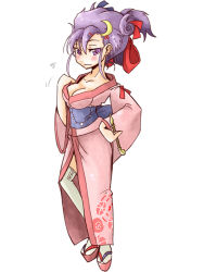Rule 34 | 1girl, alternate costume, alternate hairstyle, bad id, bad pixiv id, blush, breasts, cleavage, clog sandals, crescent, crescent hair ornament, daitai konna kanji, female focus, folded ponytail, hair ornament, japanese clothes, kimono, kiseru, large breasts, okobo, patchouli knowledge, purple eyes, purple hair, sandals, smoking pipe, solo, thighhighs, touhou, white thighhighs, yuujo
