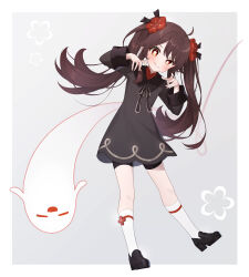 Rule 34 | :q, absurdres, aged down, bike shorts, black dress, black footwear, black shorts, boo tao (genshin impact), brown hair, chinese clothes, dress, flower, flower-shaped pupils, full body, genshin impact, ghost, ghost pose, hair flower, hair ornament, head tilt, highres, hu tao (genshin impact), kneehighs, leaning to the side, neneko sleep, official alternate costume, red eyes, shoes, short shorts, shorts, socks, standing, standing on one leg, symbol-shaped pupils, tongue, tongue out, white socks