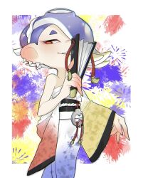 Rule 34 | 1girl, alternate costume, bare shoulders, blue hair, blush, chest sarashi, ear piercing, earrings, folding fan, grin, hair over one eye, hand fan, highres, japanese clothes, jewelry, kimono, looking to the side, nintendo, octoling, outside border, pampers sp, paper fan, piercing, pointy ears, red eyes, sarashi, shiver (splatoon), smile, solo, splatoon (series), splatoon 3, tentacle hair, tooth earrings