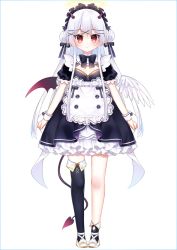 Rule 34 | 1girl, angel, apron, asymmetrical legwear, asymmetrical wings, black bow, black dress, black thighhighs, bow, braid, chihiro (khorosho), closed mouth, commentary request, demon girl, demon horns, demon tail, demon wings, double bun, dress, feathered wings, frilled apron, frilled dress, frills, full body, hair between eyes, hair bow, hair bun, hair ornament, hairclip, halo, horns, long hair, mismatched wings, original, puffy short sleeves, puffy sleeves, red eyes, red wings, shoes, short sleeves, side bun, silver hair, single sock, single thighhigh, smile, socks, solo, standing, tail, thighhighs, uneven legwear, very long hair, waist apron, white apron, white background, white footwear, white wings, wings, x hair ornament