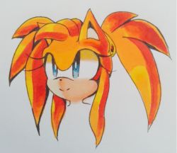 Rule 34 | 1girl, animal ears, blue eyes, closed mouth, face, female focus, furry, furry female, hair tie, happy, long hair, orange hair, original, simple background, smile, solo, sonic (series), spacecolonie, traditional media, twintails, white background