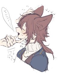 Rule 34 | 1boy, animal ears, blush, cat boy, cat ears, closed eyes, dankira!!!, facing to the side, long hair, male focus, open mouth, red hair, sketch, sneezecoon, solo, sweater, translation request, tsubaki seito, turtleneck, turtleneck sweater, white background, white sweater