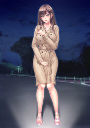 Rule 34 | 1girl, blue eyes, blush, breasts, brown hair, cloud, coat, eyebrows hidden by hair, feet, female focus, full body, hair between eyes, hand up, highres, kobapyon, large breasts, legs, long hair, looking at viewer, night, open mouth, original, outdoors, road, sandals, sky, solo, standing, star (sky), starry sky, thighs, toes, tree, wide hips