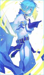 1boy, bangs, belt, blue eyes, blue gloves, blue hair, border, cape, character request, coat, from side, gloves, hibi89, holding, jacket, long sleeves, male focus, merc storia, pants, shirt, smile, solo, white background, white cape, white jacket, white pants, white shirt