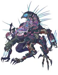 Rule 34 | brain, cable, claws, cockpit, commentary, english commentary, highres, lancer rpg, looking down, manticore (lancer rpg), mecha, no humans, official art, olympia sweetman, robot, science fiction, solo, spikes, white background
