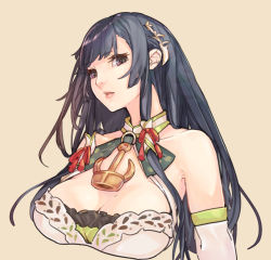 Rule 34 | 1girl, black hair, breasts, brown background, cleavage, cropped torso, detached sleeves, fuwafuwatoufu, hair ornament, hair tubes, kantai collection, large breasts, lips, long hair, looking at viewer, mizuho (kancolle), parted lips, purple eyes, sidelocks, simple background, solo, very long hair