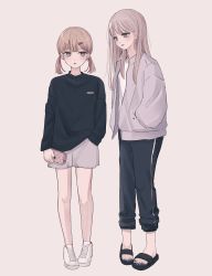 Rule 34 | 2girls, :d, black footwear, black pants, black shirt, blue nails, brown background, brown eyes, brown hair, commentary request, eye contact, grey jacket, grey shorts, hair ornament, hairclip, hand in pocket, highres, holding, jacket, long hair, long sleeves, looking at another, looking to the side, low twintails, multiple girls, nail polish, open clothes, open jacket, open mouth, original, pants, puffy long sleeves, puffy sleeves, sandals, shirt, shoes, short shorts, short twintails, shorts, simple background, smile, standing, toenail polish, toenails, tsuruse, twintails, white footwear, white shirt
