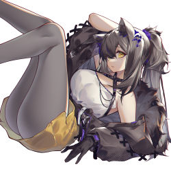 Rule 34 | 1girl, absurdres, animal ears, arknights, ass, bare shoulders, black hair, criss-cross halter, feet out of frame, freckles, fur trim, grey pantyhose, hair between eyes, halterneck, highres, jiusan naitang, legs up, long hair, looking at viewer, lying, miniskirt, off shoulder, official alternate costume, on back, pantyhose, parted lips, raccoon ears, robin (arknights), robin (gift of wild) (arknights), shirt, simple background, skirt, solo, thighs, white background, white shirt, yellow eyes, yellow skirt