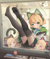 Rule 34 | 4girls, absurdres, against glass, animal ear headphones, animal ears, arcade cabinet, black shorts, black thighhighs, blue archive, blue necktie, blush, bow, cat tail, chibi, closed mouth, collared shirt, commentary request, crane game, fake animal ears, feet, green bow, green eyes, green jacket, hairband, hands on own thighs, head tilt, headphones, highres, hood, hooded jacket, jacket, legs, legs up, light brown hair, looking at viewer, medium hair, midori (blue archive), momoi (blue archive), multicolored clothes, multicolored jacket, multiple girls, necktie, no shoes, red eyes, shijiuuuuuuu, shirt, shorts, sidelocks, sitting, soles, tail, thighhighs, thighs, toes, white jacket, white shirt, wide sleeves