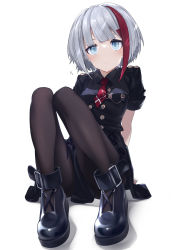 Rule 34 | 1girl, admiral graf spee (azur lane), admiral graf spee (girl&#039;s sunday) (azur lane), arm support, arms behind back, azur lane, black footwear, black pantyhose, black shirt, black skirt, blue eyes, boots, closed mouth, collared shirt, expressionless, full body, highres, knees up, multicolored hair, necktie, nta (drapa box10), pantyhose, red hair, red necktie, resolution mismatch, shirt, short hair, short sleeves, silver hair, simple background, sitting, skirt, solo, source larger, streaked hair, two-tone hair, white background
