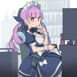 Rule 34 | 1girl, aqua hair, blunt bangs, bow, breasts, chair, chips (food), cleavage, colored inner hair, controller, dress, eating, food, game controller, hair ribbon, holding, hololive, long hair, looking at viewer, maid headdress, medium breasts, minato aqua, minato aqua (1st costume), multicolored hair, potato chips, puffy short sleeves, puffy sleeves, purple eyes, purple hair, ribbon, shimazaki1152, short sleeves, sitting, solo, twintails, virtual youtuber