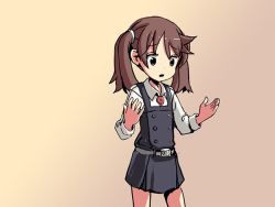 Rule 34 | 1girl, belt, brown eyes, brown hair, commentary, cosplay, gradient background, hair tie, kantai collection, looking down, magatama, ooshio (kancolle), ooshio (kancolle) (cosplay), open hands, open mouth, ryuujou (kancolle), school uniform, sixten, solo, twintails