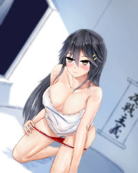 Rule 34 | 10s, 1girl, bare shoulders, black hair, blush, breasts, cleavage, downblouse, female focus, hair ornament, hairclip, haruna (kancolle), highres, kantai collection, large breasts, long hair, ogcmaster, panties, panty pull, smile, solo, underwear