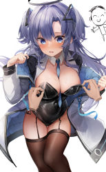 Rule 34 | 1boy, 1girl, absurdres, areola slip, between breasts, black garter straps, black leotard, blue archive, blue eyes, blue necktie, blush, breasts, brown thighhighs, closed mouth, cowboy shot, detached collar, disembodied hand, doodle sensei (blue archive), garter straps, halo, hands up, highres, jacket, large breasts, leotard, leotard pull, long sleeves, looking at viewer, necktie, necktie between breasts, off shoulder, open clothes, open jacket, pulling another&#039;s clothes, purple hair, sensei (blue archive), shiranui (nisioisin sinob), shrug (clothing), simple background, solo focus, strapless, strapless leotard, thighhighs, thighs, two side up, unzipping, white background, white jacket, yuuka (blue archive), zipper pull tab