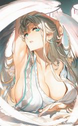 Rule 34 | 1girl, ainu clothes, aquaplus, arm up, blonde hair, blue eyes, breast press, breasts, cleavage, collarbone, feathered wings, female focus, gigantic breasts, head chain, highres, indoors, jewelry, large wings, lips, long hair, looking at viewer, lying, official art, on bed, on stomach, open mouth, sideboob, sidelocks, solo, tatami to hinoki, upper body, ulthury, utawarerumono, utawarerumono: futari no hakuoro, utawarerumono: lost flag, very long hair, white wings, wings