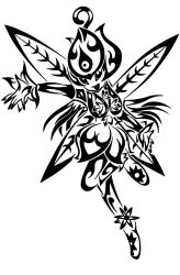 Rule 34 | crests (digimon), digimon, dress, fairy, highres, lilimon, long hair, open hand, plant, simple background, smile, tattoo, tribal, vines, white background, wings