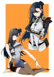 Rule 34 | 1girl, absurdres, armor, black hair, black shorts, black thighhighs, bracelet, chinese clothes, earpiece, girls&#039; frontline, girls&#039; frontline 2: exilium, gwendolynstore, hair ornament, hand on own chin, highres, jewelry, looking at viewer, looking down, lower teeth only, open mouth, orange background, orange eyes, qbz-191 (girls&#039; frontline), shorts, shoulder armor, sitting, teeth, thighhighs, two-tone background, upper body, variations, white background