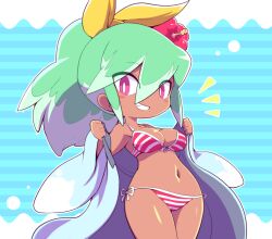 Rule 34 | 1girl, beachhime, bikini, blush, breasts, flower, green hair, grin, hair flower, hair ornament, high ponytail, long hair, looking at viewer, medium breasts, multicolored hair, navel, nollety, pink hair, smile, solo, swimsuit, two-tone hair, undressing, youkai watch