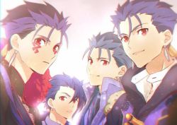 Rule 34 | 4boys, bad id, bad pixiv id, blue hair, cu chulainn (caster) (fate), cu chulainn (fate), cu chulainn (fate) (all), cu chulainn (fate/prototype), cu chulainn (fate/stay night), cu chulainn alter (fate), cu chulainn alter (fate/grand order), earrings, facepaint, fate/grand order, fate/stay night, fate (series), jewelry, lancer, long hair, looking at viewer, male focus, moto (otemoto02), multiple boys, ponytail, red eyes, smile, tattoo