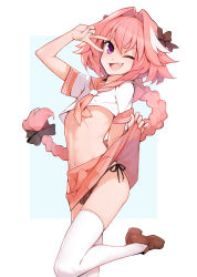Rule 34 | 1boy, ;d, absurdres, arm up, astolfo (fate), astolfo (sailor paladin) (fate), ataruman, black bow, black panties, black ribbon, blush, bow, braid, brown footwear, bulge, clothes lift, crop top, crossdressing, erection, erection under clothes, fang, fate/apocrypha, fate (series), hair intakes, highres, lifted by self, loafers, long braid, long hair, looking at viewer, male focus, multicolored hair, navel, official alternate costume, one eye closed, open mouth, panties, pink hair, purple eyes, red sailor collar, ribbon, sailor collar, school uniform, serafuku, shoes, short sleeves, simple background, single braid, skin fang, skirt, skirt lift, smile, solo, standing, standing on one leg, streaked hair, thighhighs, trap, two-tone hair, underwear, v, v over eye, white hair, white thighhighs
