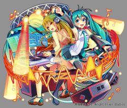 Rule 34 | 2girls, :d, absurdly long hair, ahoge, ankle strap, aqua eyes, aqua nails, back-to-back, black footwear, black skirt, blonde hair, blush, boots, collared shirt, crop top, detached sleeves, dj, gradient hair, green hair, grey background, hair between eyes, hatsune miku, hatsune miku (vocaloid3), headset, highres, holding, holding microphone, jacket, jewelry, long hair, microphone, monitor, multicolored hair, multiple girls, musical note, nail polish, necklace, necktie, nou (nounknown), official art, open mouth, orange eyes, phonograph, pleated skirt, pointing, red nails, sandals, see-through, see-through jacket, see-through sleeves, shirt, short shorts, shorts, shoumetsu toshi 2, skirt, smile, speaker, stage lights, thigh boots, thighhighs, tie clip, transparent jacket, turntable, twintails, very long hair, vocaloid, watermark, waveform, white shirt, white shorts, wristband