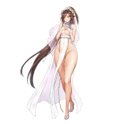 Rule 34 | 1girl, blush, breasts, bridal veil, bride, brown hair, cleavage, covered navel, dress, full body, game cg, grey eyes, grin, high heels, highres, kakiman, khan (last origin), khan the swift, large breasts, last origin, long hair, no panties, official art, pelvic curtain, ponytail, simple background, smile, solo, tachi-e, thick thighs, thighs, transparent background, veil, very long hair, wedding dress, wide hips