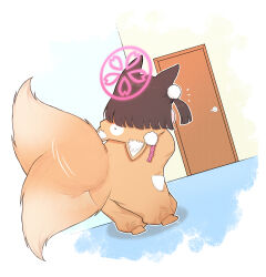 Rule 34 | 1girl, alternate costume, animal costume, animal ear fluff, animal ears, animal hood, blue archive, blush, brown hair, chibi, commentary, door, floor, fox costume, fox ears, fox girl, fox hood, fox tail, full body, hair ornament, halo, highres, hood, hood down, indoors, izuna (blue archive), looking at object, medium hair, parody, peeking, peeking out, pocket, pom pom (clothes), pom pom hair ornament, sidelocks, solo, tail, tail wagging, wall, white background, yosik