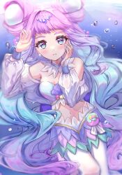 Rule 34 | 1girl, blue eyes, blue hair, blue nails, bubble, choker, closed mouth, commentary, cure la mer, daopon, detached sleeves, eyelash ornament, gradient hair, highres, laura la mer, layered skirt, leggings, long hair, looking at viewer, magical girl, multicolored hair, nail polish, pearl hair ornament, precure, purple hair, skirt, solo, tropical-rouge! precure, very long hair, wavy hair, white choker, white leggings, white sleeves