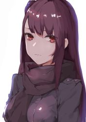 Rule 34 | 1girl, absurdres, bad id, bad pixiv id, eyes visible through hair, girls&#039; frontline, highres, inxst, jacket, long hair, looking at viewer, purple hair, red eyes, scarf, side ponytail, solo, very long hair, wa2000 (girls&#039; frontline), white background