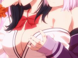 Rule 34 | 10s, 2girls, animated, animated gif, black hair, bow, grabbing another&#039;s breast, breasts, cardigan, closed mouth, finger to mouth, grabbing, grabbing from behind, gridman universe, groping, head out of frame, jacket, light purple hair, long sleeves, multiple girls, mushiro (nijie728995), no bra, off shoulder, orange scrunchie, purple bow, purple jacket, purple neckwear, red bow, red neckwear, scrunchie, shinjou akane, sleeves past wrists, smile, ssss.gridman, sweater, takarada rikka, white cardigan, white sweater, wrist scrunchie, yuri