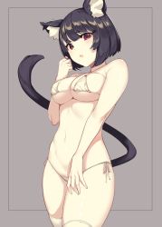 Rule 34 | 1girl, alternate costume, animal ear fluff, animal ears, azur lane, bare arms, bikini, black hair, blunt bangs, breasts, cat ears, cat tail, collarbone, commentary request, cowboy shot, from below, highres, icomochi, large breasts, looking at viewer, micro bikini, navel, red eyes, side-tie bikini bottom, sideboob, skindentation, solo, standing, stomach, swimsuit, tail, thighhighs, underboob, white bikini, white thighhighs, yamashiro (azur lane)