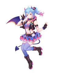 Rule 34 | 1girl, ahoge, bare shoulders, bili girl 33, bilibili, black footwear, black gloves, blue hair, blue thighhighs, blush, boots, breasts, carminar, choker, cleavage, demon girl, demon horns, demon tail, demon wings, fingerless gloves, full body, gloves, gradient hair, high heel boots, high heels, highres, horns, looking at viewer, medium breasts, multicolored hair, navel, parted lips, pink hair, red eyes, simple background, solo, tail, thighhighs, two-tone hair, white background, wings