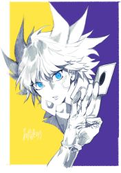 Rule 34 | 1boy, blue eyes, border, card, character request, copyright request, gloves, highres, holding, holding card, limited palette, looking at viewer, male focus, parted lips, pigeon666, signature, solo, spot color, two-tone background, white border, yu-gi-oh!