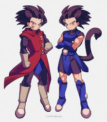 Rule 34 | 2boys, aged down, armor, black eyes, black hair, blue footwear, boots, brothers, closed mouth, coat, commentary request, crossed arms, dated, dragon ball, dragon ball legends, facial scar, giblet (dragon ball), gloves, grey background, grey footwear, grey gloves, hand on own hip, highres, hood, hood down, hooded coat, looking at viewer, male focus, monkey tail, multiple boys, red coat, saiyan armor, scar, scar on cheek, scar on face, shallot (dragon ball), siblings, simple background, smile, spiked hair, standing, tail, twins, twitter username, zero-go