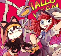 Rule 34 | 1boy, 2girls, alternate costume, animal ears, animal hands, bandaged head, bandages, black hair, blue eyes, brown hair, cat ears, cat paws, colored sclera, commentary, crossed arms, english commentary, english text, fake animal ears, halloween, halloween costume, heterochromia, iamsandford1, jax (the amazing digital circus), multiple girls, one-eyed, pale skin, pomni (the amazing digital circus), rabbit, ragatha (the amazing digital circus), red eyes, red hair, the amazing digital circus, yellow sclera