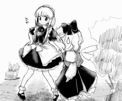 Rule 34 | 1980s (style), 2girls, apron, ascot, bad id, bad twitter id, blush, bow, closed mouth, commentary request, dress, frilled dress, frills, gengetsu (touhou), greyscale, hair bow, happy, holding, holding clothes, holding skirt, maid, mary janes, monochrome, mugetsu (touhou), multiple girls, oldschool, retro artstyle, shoes, short hair, sketch, skirt, smile, socks, sweatdrop, takemoto izumi (style), touhou, touhou (pc-98), vest, yatyou