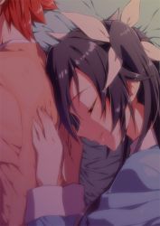 Rule 34 | 1boy, 1girl, alternate costume, bed, black hair, blush, closed eyes, friends, from above, grin, hair ribbon, hands on another&#039;s back, hands up, head on back, head out of frame, hetero, leaning, leaning on person, long hair, long sleeves, lying, mitsuka souji, neck, on bed, on side, open mouth, ore twintail ni narimasu, pajamas, parted lips, red hair, ribbon, short hair, sleeping, sleepwear, smile, tsube aika, twintails, upper body, white ribbon, yuto (dialique)