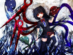 Rule 34 | 1girl, asymmetrical wings, black hair, black thighhighs, bow, dress, female focus, houjuu nue, open mouth, polearm, red eyes, shippu man, short hair, snake, solo, spear, thighhighs, touhou, trident, ufo, weapon, wings, zettai ryouiki