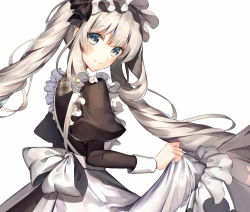 Rule 34 | 1girl, apron, apron lift, bad id, bad twitter id, black bow, black shirt, blue eyes, bow, clothes lift, fate/grand order, fate (series), floating hair, hair bow, kouyafu, long hair, long sleeves, looking at viewer, looking back, maid, maid headdress, marie antoinette (animejapan 2016) (fate), marie antoinette (fate), official alternate costume, shirt, silver hair, simple background, smile, solo, standing, twintails, very long hair, white apron, white background, white bow
