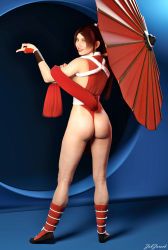 Rule 34 | 1girl, 3d, absurdres, ass, brown hair, fatal fury, gloves, highres, lipstick, looking back, makeup, ninja, ponytail, shiranui mai, shoes, smile, snk, the king of fighters, umbrella, zabzarock