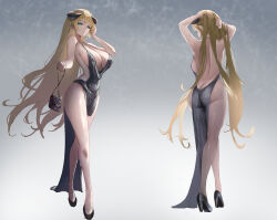 1girl absurdres ann_(enye5842) aqua_eyes arms_behind_head arms_up ass back backboob backless_dress backless_outfit bag bare_arms bare_back bare_legs bare_shoulders black_shoes blonde_hair breasts butt_crack cleavage commentary commission covered_erect_nipples covered_navel crossed_bangs crossed_legs dress english_commentary full_body grey_dress hair_between_eyes halter_dress halterneck hand_in_own_hair high_heels highres holding holding_bag horns kneepits large_breasts legs long_hair long_legs looking_at_viewer median_furrow mixed-language_commentary multiple_views original parted_lips pelvic_curtain pixiv_commission plunging_neckline pointy_ears revealing_clothes shoes sideboob thighs very_long_hair