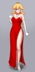 Rule 34 | 1girl, bare shoulders, blonde hair, blue eyes, breasts, cleavage, crown, dress, earrings, elbow gloves, evening gown, gloves, highres, jewelry, long hair, mario (series), medium breasts, necklace, nintendo, no panties, one eye closed, princess peach, razalor, red dress, side slit, smile, solo, strapless, strapless dress, super mario bros. 1, white gloves, wink