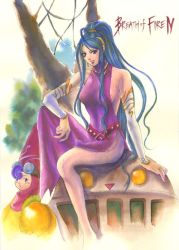 Rule 34 | 1girl, bare shoulders, blue eyes, blue hair, breasts, breath of fire, breath of fire iv, copyright name, deis, elbow gloves, ershin, full body, gloves, goggles, jewelry, knee up, legs, lipstick, long hair, long legs, looking at viewer, makeup, necklace, no bra, ponytail, side slit, sideboob, sitting, smile, thighs, very long hair