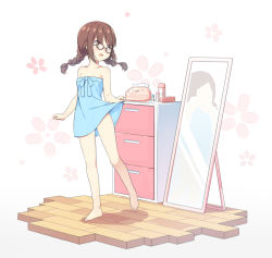 Rule 34 | 1girl, :d, bare arms, bare shoulders, barefoot, black-framed eyewear, blue dress, blush, braid, brown hair, dress, glasses, hatsunatsu, long hair, looking at mirror, looking away, looking back, low twintails, mirror, open mouth, original, reflection, skirt hold, smile, solo, standing, standing on one leg, strapless, strapless dress, striped clothes, striped dress, twin braids, twintails, unmoving pattern, vertical-striped clothes, vertical-striped dress